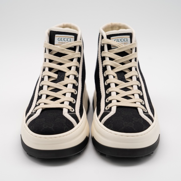 38G 8 US Gucci High Tennis 1977 Black High Top White Canvas Sneakers - Picture 2 of 11